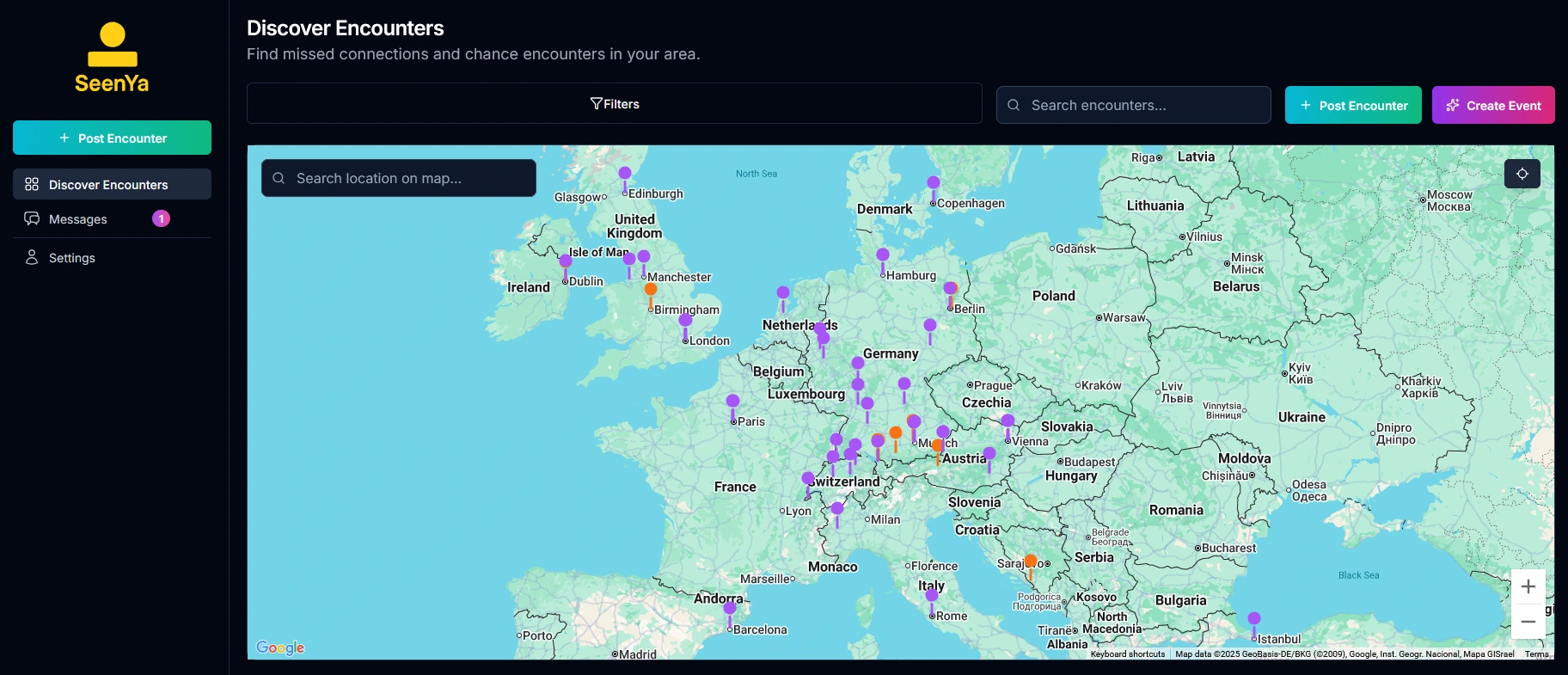 SeenYa Dashboard interface showing Google Maps with encounter markers
